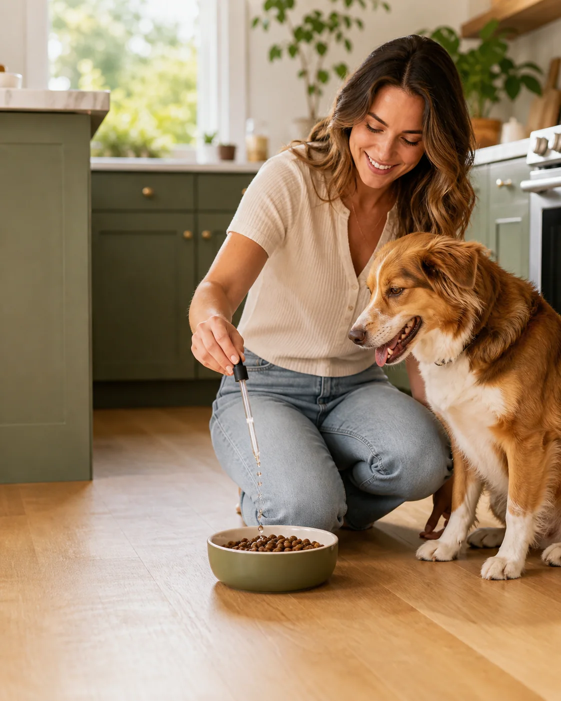 Dog owner adding liquid supplement drops to her dog's food as part of a daily routine